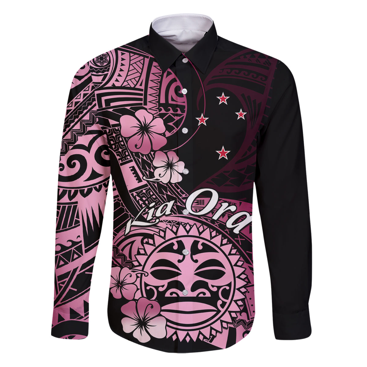 Aotearoa Kia Ora New Zealand Ta Moko Pink Version Family Matching Puletasi Dress and Hawaiian Shirt LT01 Dad's Shirt - Long Sleeve Pink - Polynesian Pride