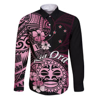 Aotearoa Kia Ora New Zealand Ta Moko Pink Version Family Matching Tank Maxi Dress and Hawaiian Shirt LT01 Dad's Shirt - Long Sleeve Pink - Polynesian Pride