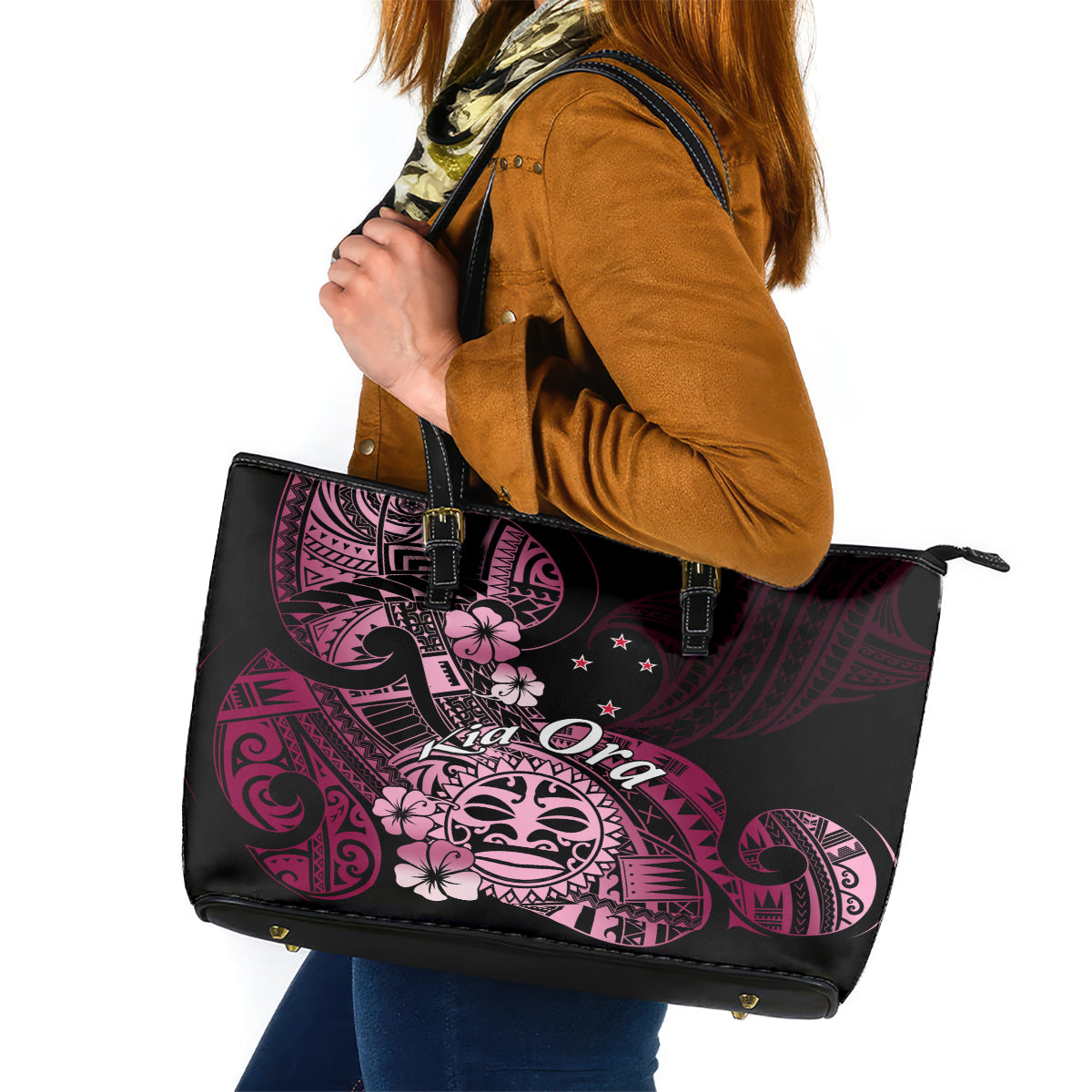 Aotearoa Kia Ora New Zealand Ta Moko Pink Version Leather Tote Bag LT01 Pink - Polynesian Pride