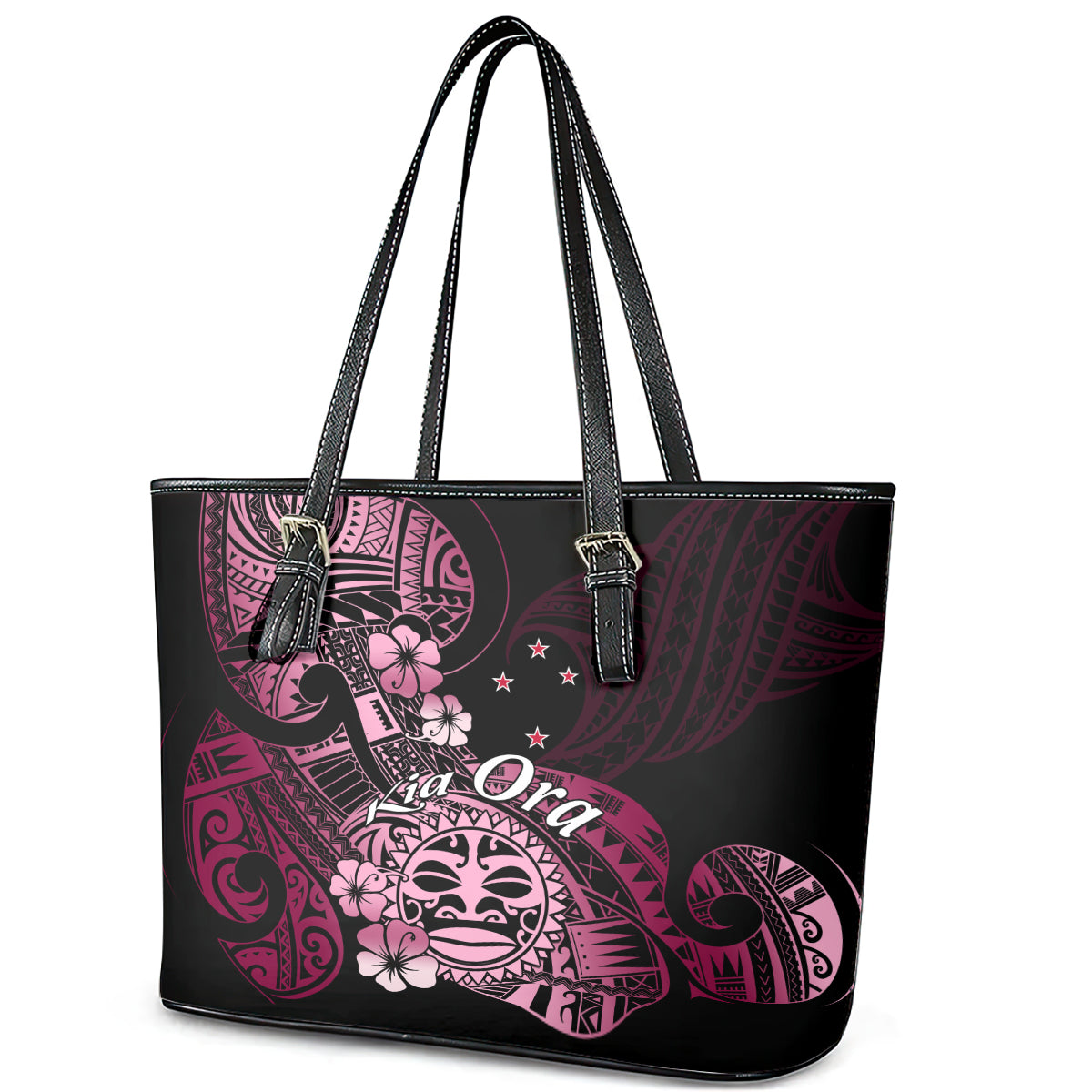 Aotearoa Kia Ora New Zealand Ta Moko Pink Version Leather Tote Bag LT01 - Polynesian Pride