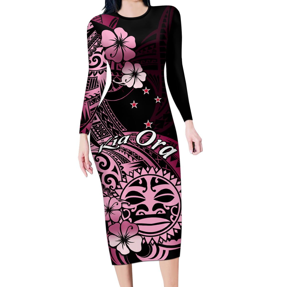 Aotearoa Kia Ora New Zealand Ta Moko Pink Version Long Sleeve Bodycon Dress LT01 Long Dress Pink - Polynesian Pride