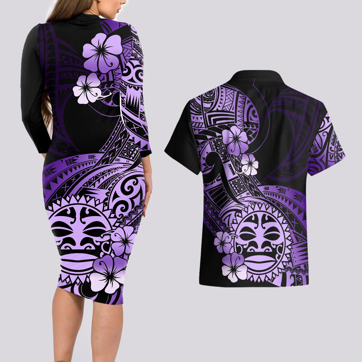 Aotearoa Kia Ora New Zealand Ta Moko Purple Version Couples Matching Long Sleeve Bodycon Dress and Hawaiian Shirt LT01 - Polynesian Pride