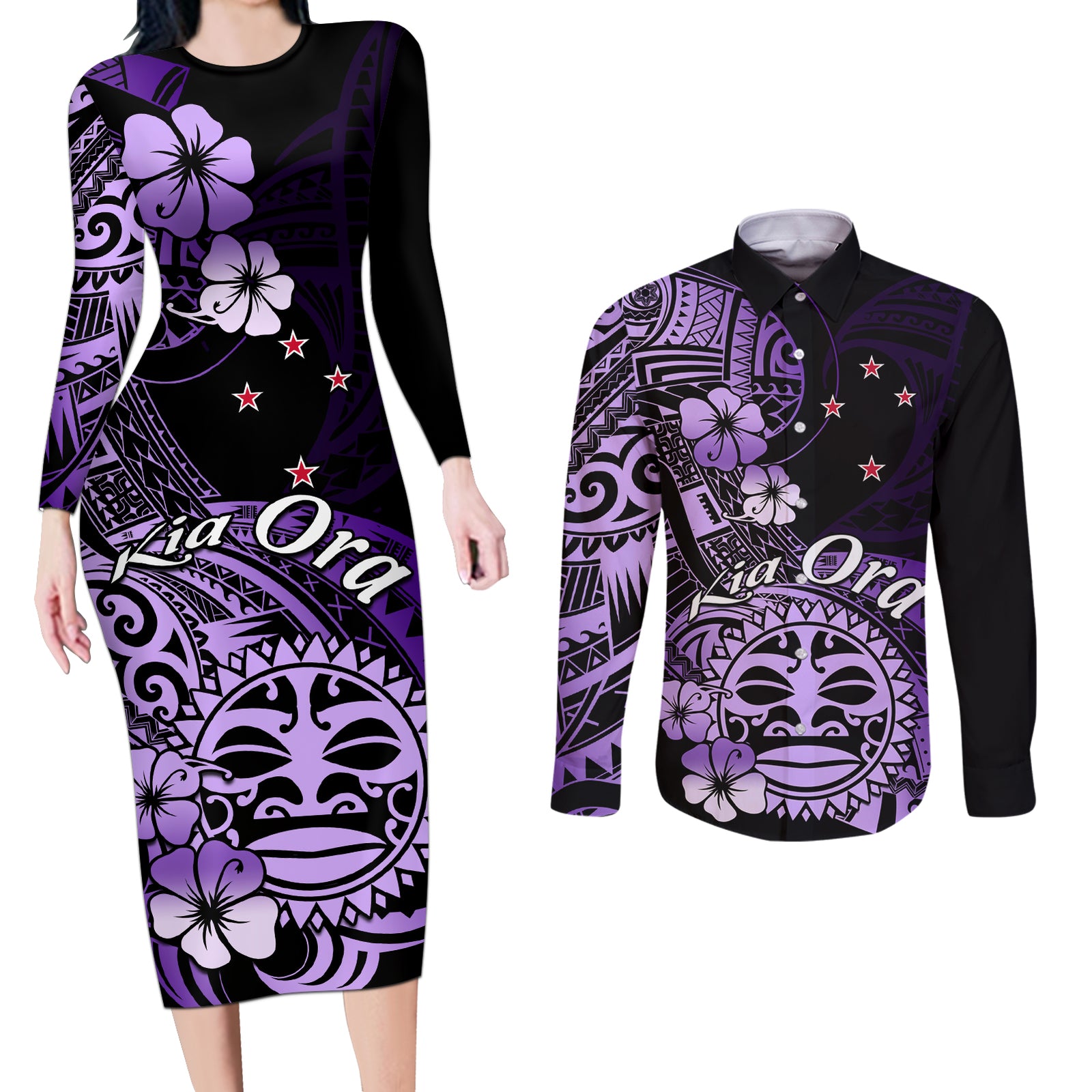 Aotearoa Kia Ora New Zealand Ta Moko Purple Version Couples Matching Long Sleeve Bodycon Dress and Long Sleeve Button Shirt LT01 Purple - Polynesian Pride