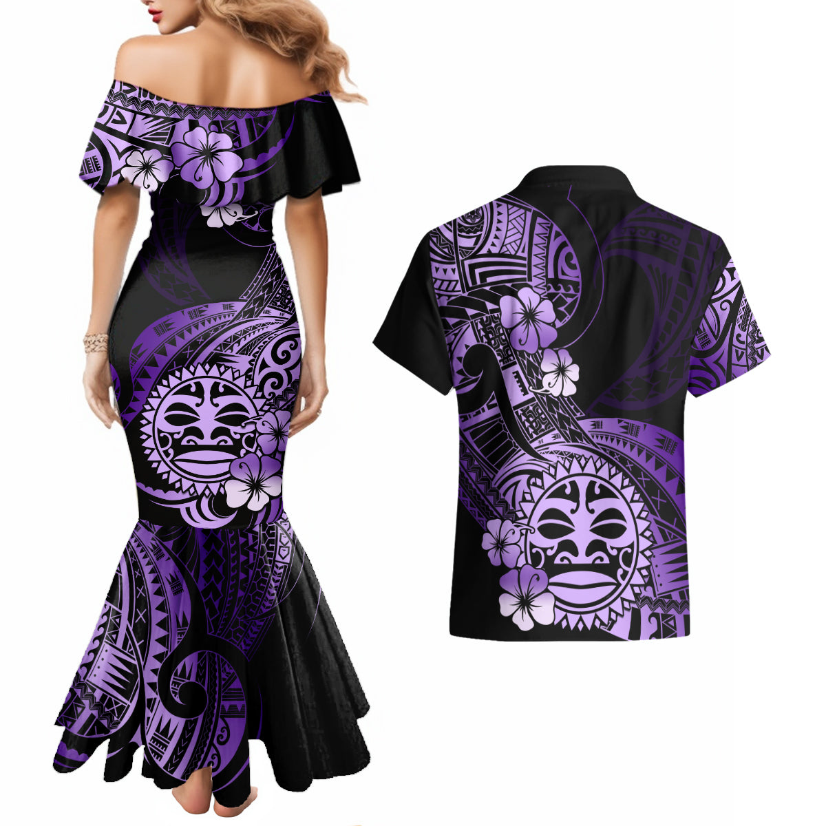 Aotearoa Kia Ora New Zealand Ta Moko Purple Version Couples Matching Mermaid Dress and Hawaiian Shirt LT01 - Polynesian Pride