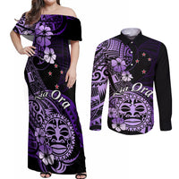 Aotearoa Kia Ora New Zealand Ta Moko Purple Version Couples Matching Off Shoulder Maxi Dress and Long Sleeve Button Shirt LT01 Purple - Polynesian Pride