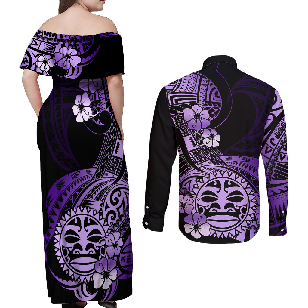 Aotearoa Kia Ora New Zealand Ta Moko Purple Version Couples Matching Off Shoulder Maxi Dress and Long Sleeve Button Shirt LT01 - Polynesian Pride