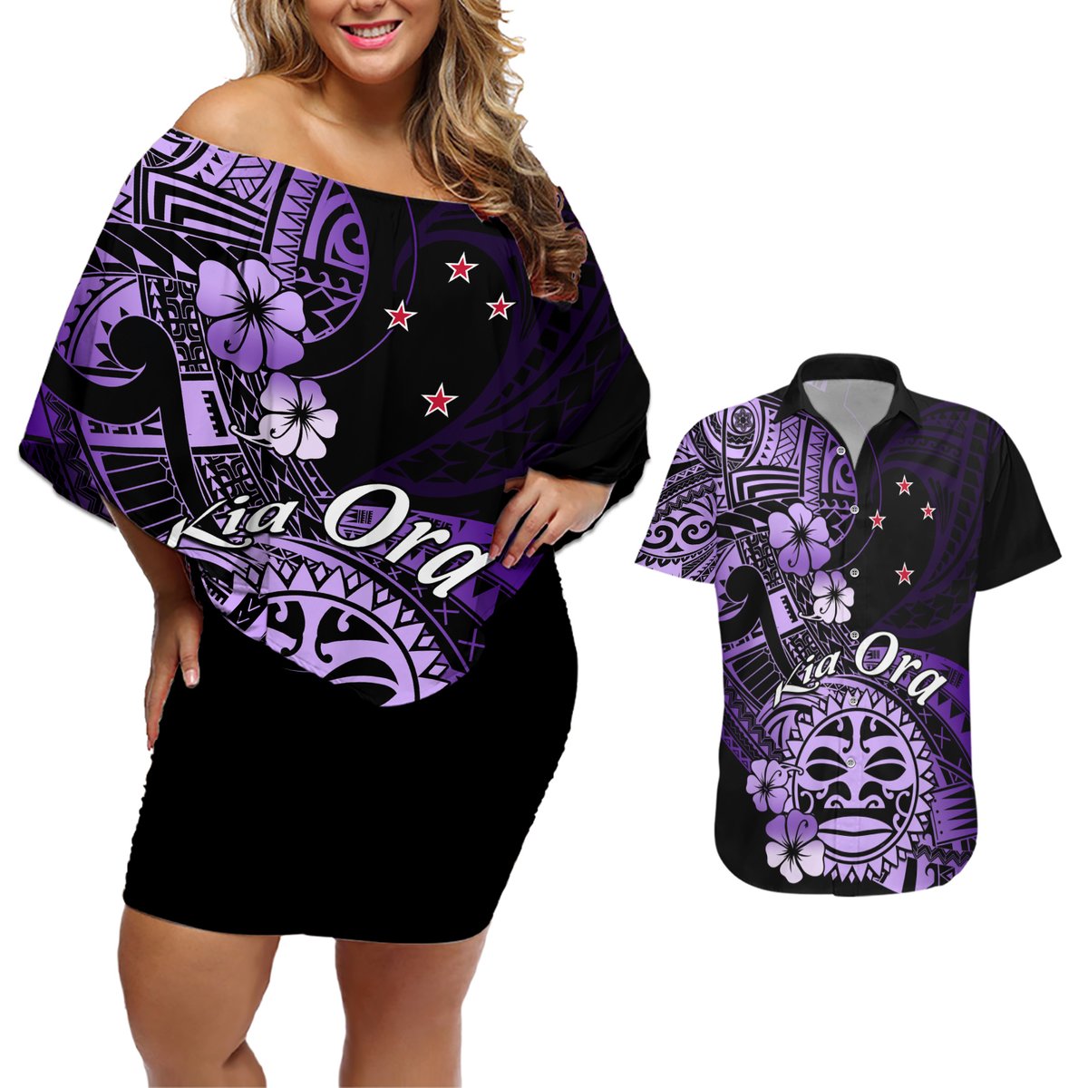 Aotearoa Kia Ora New Zealand Ta Moko Purple Version Couples Matching Off Shoulder Short Dress and Hawaiian Shirt LT01 Purple - Polynesian Pride