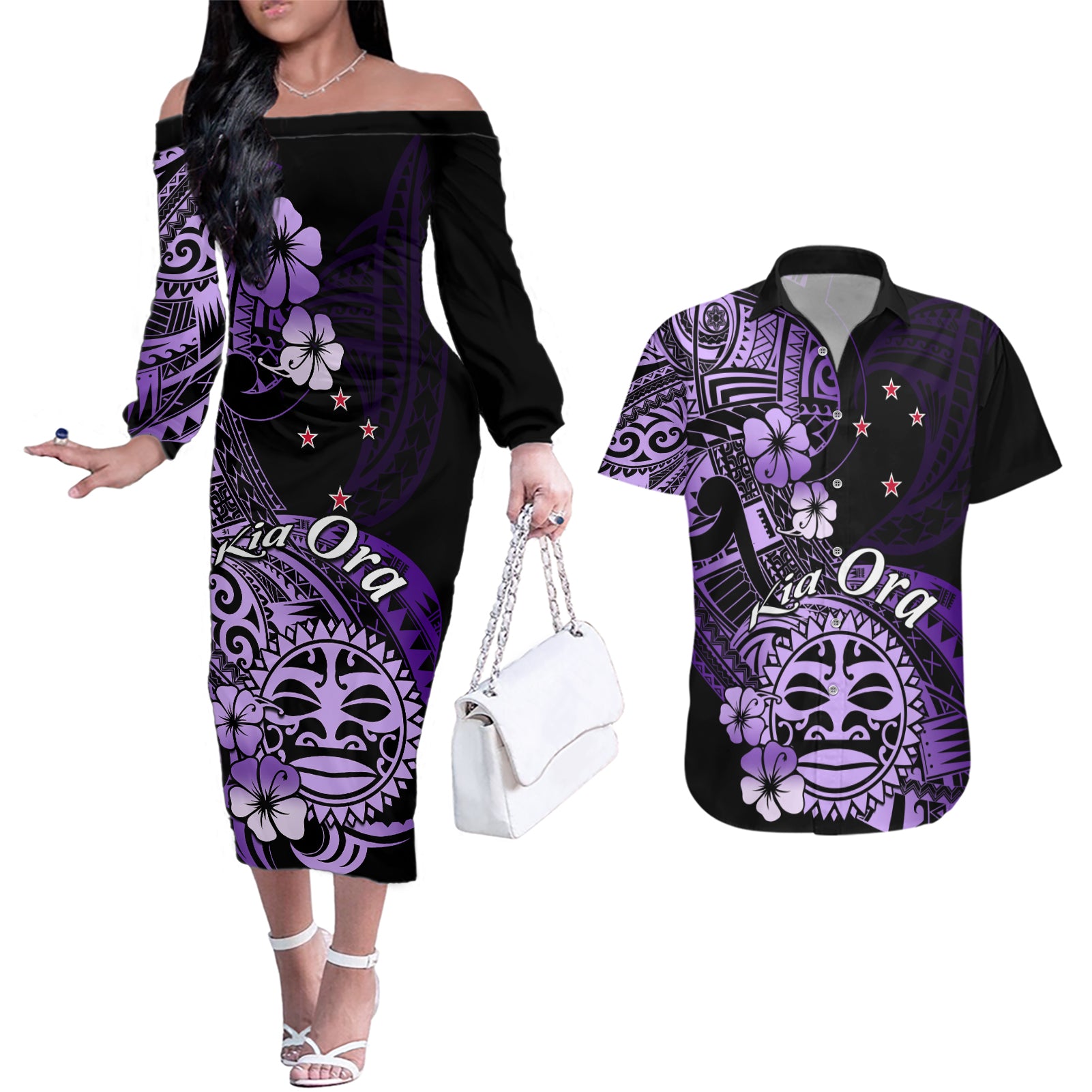 Aotearoa Kia Ora New Zealand Ta Moko Purple Version Couples Matching Off The Shoulder Long Sleeve Dress and Hawaiian Shirt LT01 Purple - Polynesian Pride