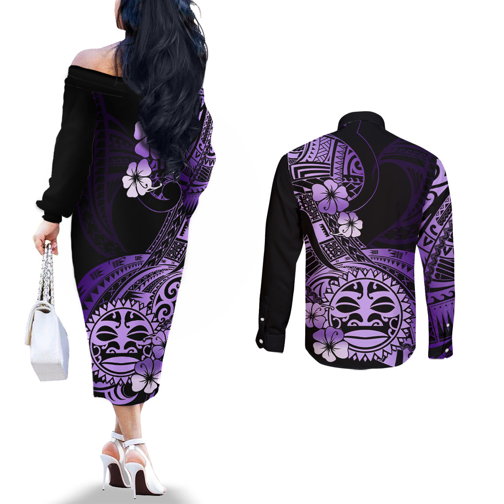 Aotearoa Kia Ora New Zealand Ta Moko Purple Version Couples Matching Off The Shoulder Long Sleeve Dress and Long Sleeve Button Shirt LT01 - Polynesian Pride