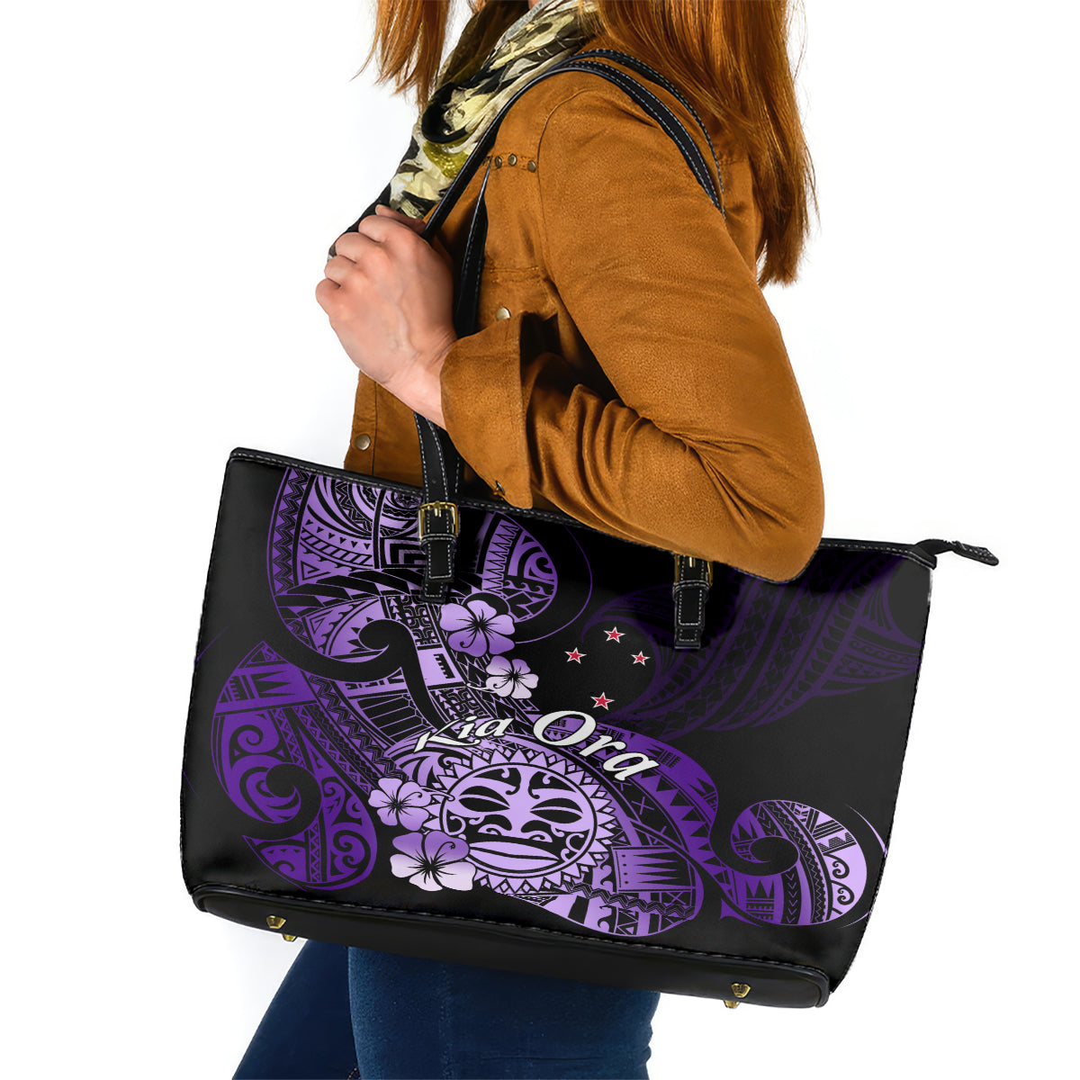 Aotearoa Kia Ora New Zealand Ta Moko Purple Version Leather Tote Bag LT01 Purple - Polynesian Pride