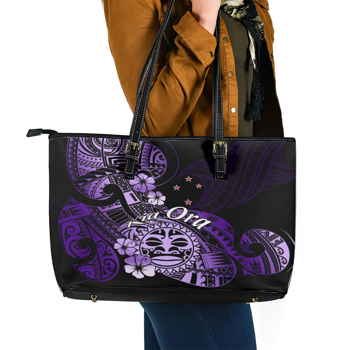 Aotearoa Kia Ora New Zealand Ta Moko Purple Version Leather Tote Bag LT01 - Polynesian Pride