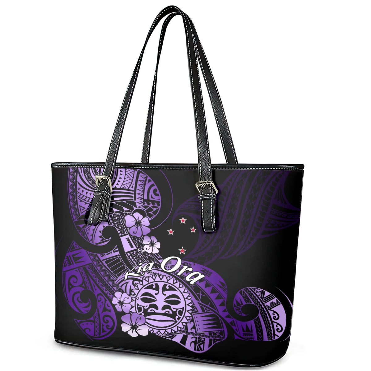 Aotearoa Kia Ora New Zealand Ta Moko Purple Version Leather Tote Bag LT01 - Polynesian Pride