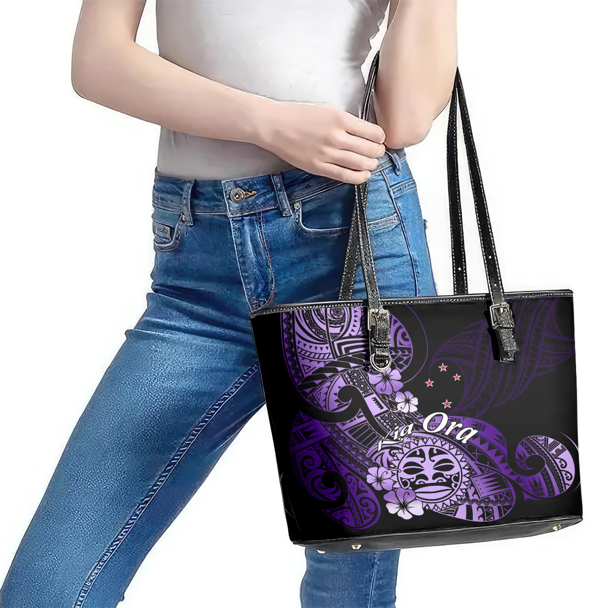 Aotearoa Kia Ora New Zealand Ta Moko Purple Version Leather Tote Bag LT01 - Polynesian Pride
