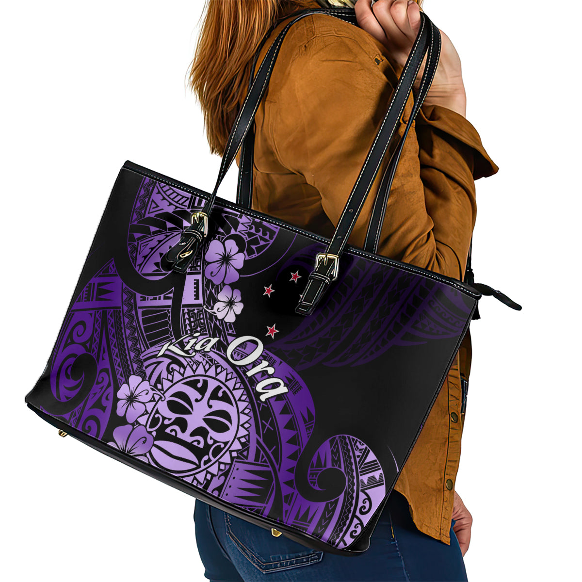 Aotearoa Kia Ora New Zealand Ta Moko Purple Version Leather Tote Bag LT01 - Polynesian Pride