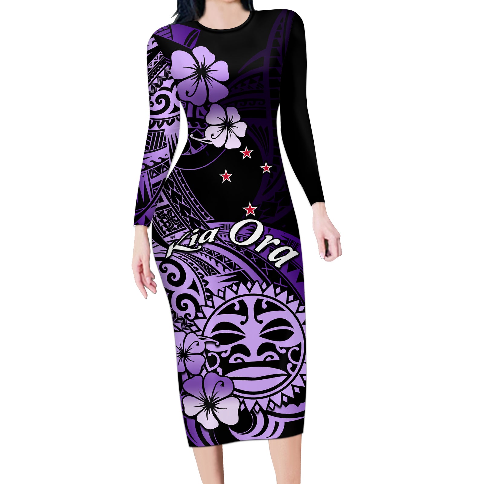 Aotearoa Kia Ora New Zealand Ta Moko Purple Version Long Sleeve Bodycon Dress LT01 Long Dress Purple - Polynesian Pride