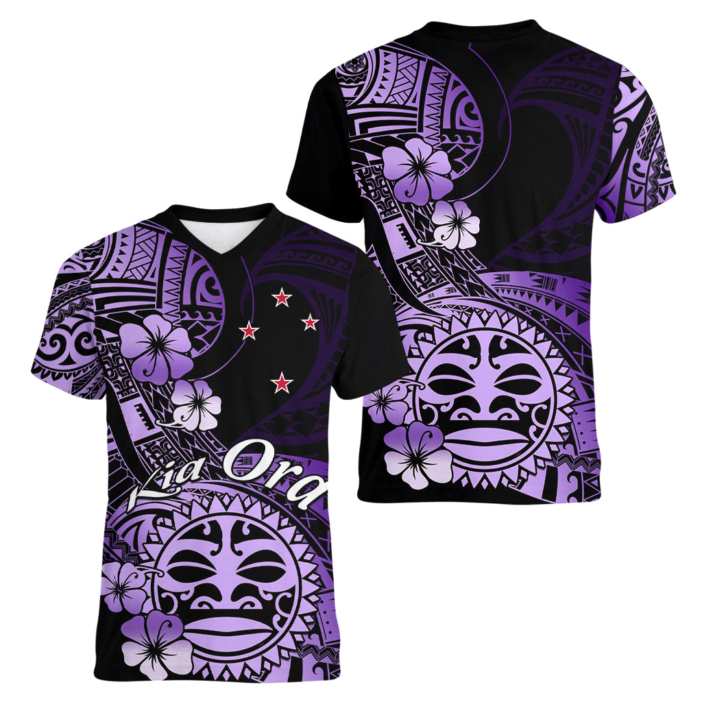 Aotearoa Kia Ora New Zealand Ta Moko Purple Version Women V Neck T Shirt LT01 - Polynesian Pride