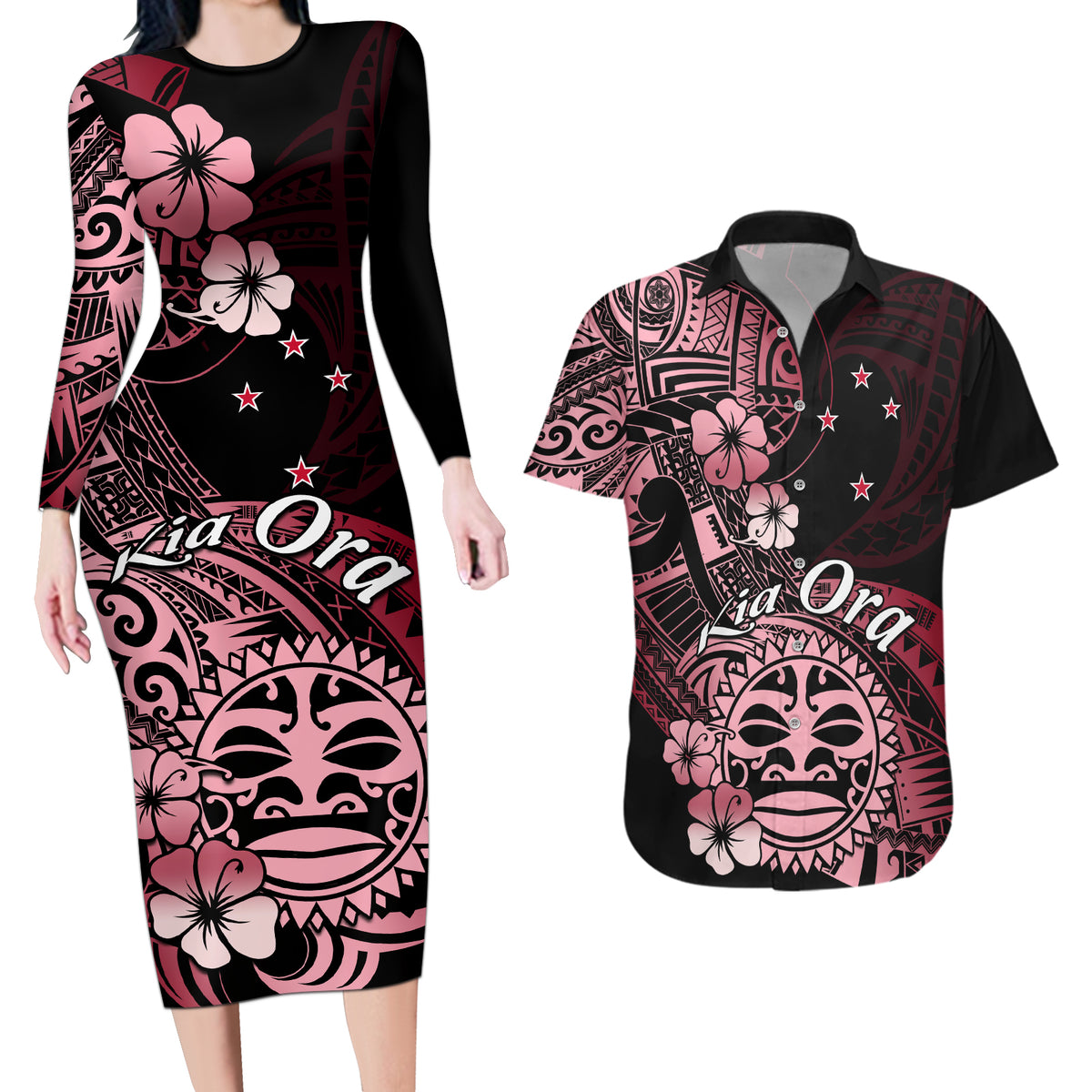 Aotearoa Kia Ora New Zealand Ta Moko Red Version Couples Matching Long Sleeve Bodycon Dress and Hawaiian Shirt LT01 Red - Polynesian Pride