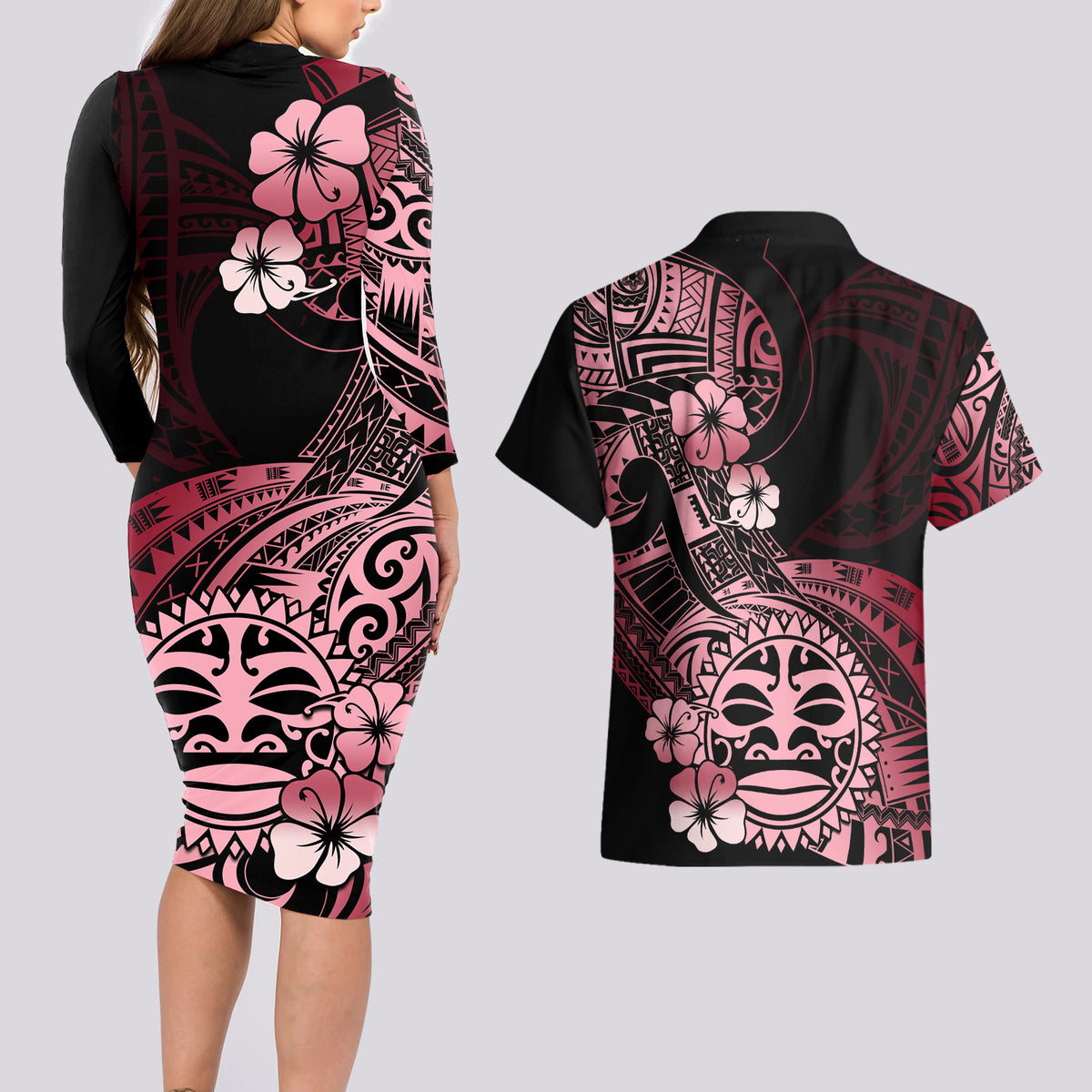 Aotearoa Kia Ora New Zealand Ta Moko Red Version Couples Matching Long Sleeve Bodycon Dress and Hawaiian Shirt LT01 - Polynesian Pride