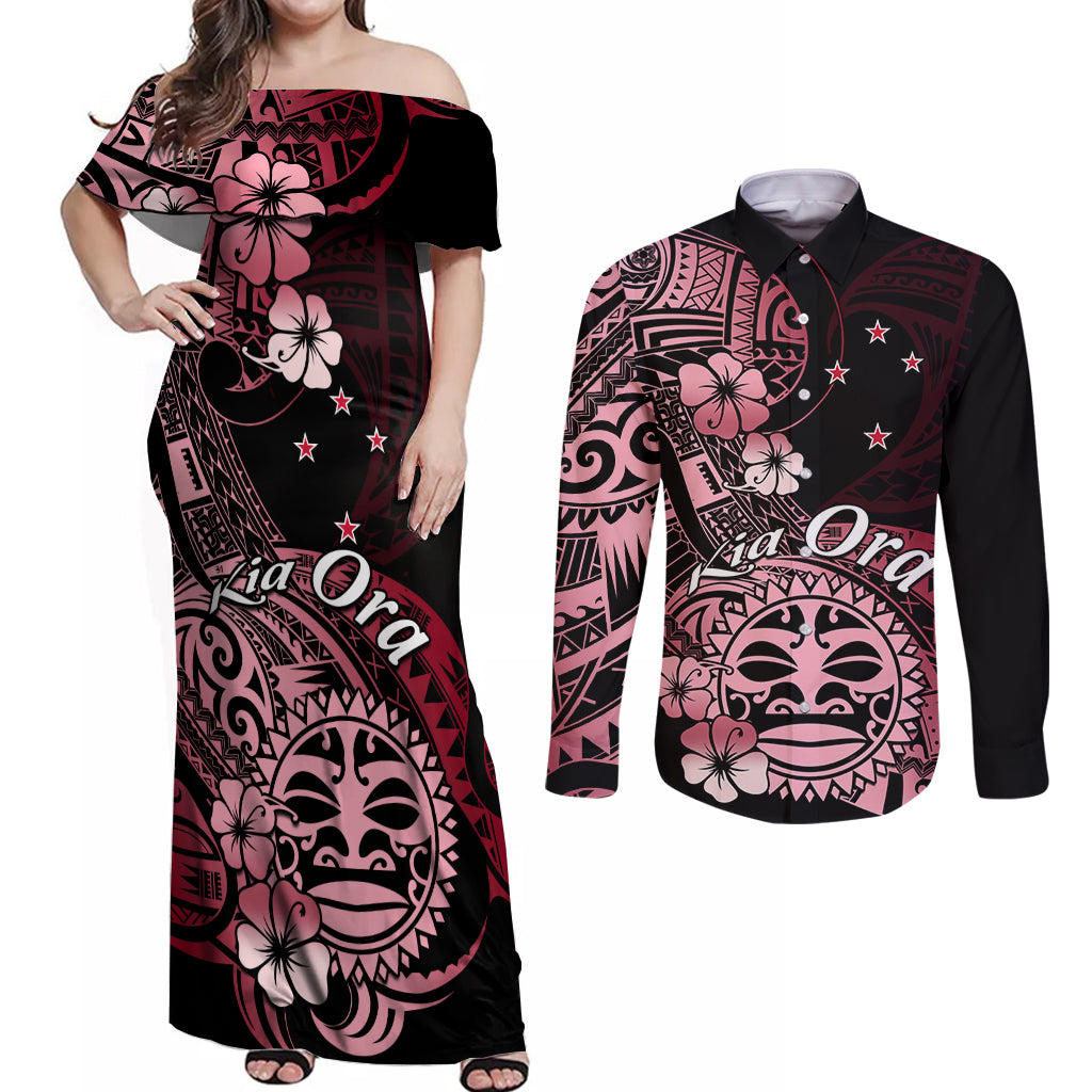 Aotearoa Kia Ora New Zealand Ta Moko Red Version Couples Matching Off Shoulder Maxi Dress and Long Sleeve Button Shirt LT01 Red - Polynesian Pride