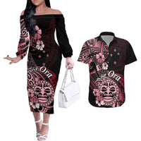 Aotearoa Kia Ora New Zealand Ta Moko Red Version Couples Matching Off The Shoulder Long Sleeve Dress and Hawaiian Shirt LT01 Red - Polynesian Pride