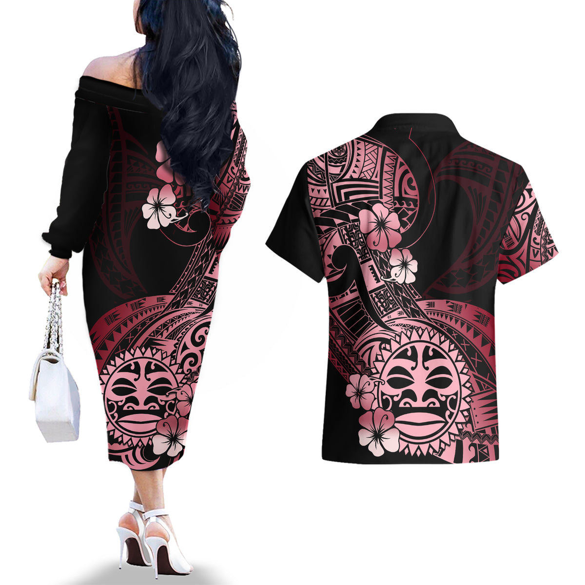 Aotearoa Kia Ora New Zealand Ta Moko Red Version Couples Matching Off The Shoulder Long Sleeve Dress and Hawaiian Shirt LT01 - Polynesian Pride