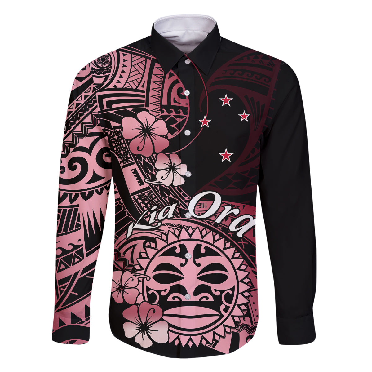 Aotearoa Kia Ora New Zealand Ta Moko Red Version Family Matching Long Sleeve Bodycon Dress and Hawaiian Shirt LT01 Dad's Shirt - Long Sleeve Red - Polynesian Pride