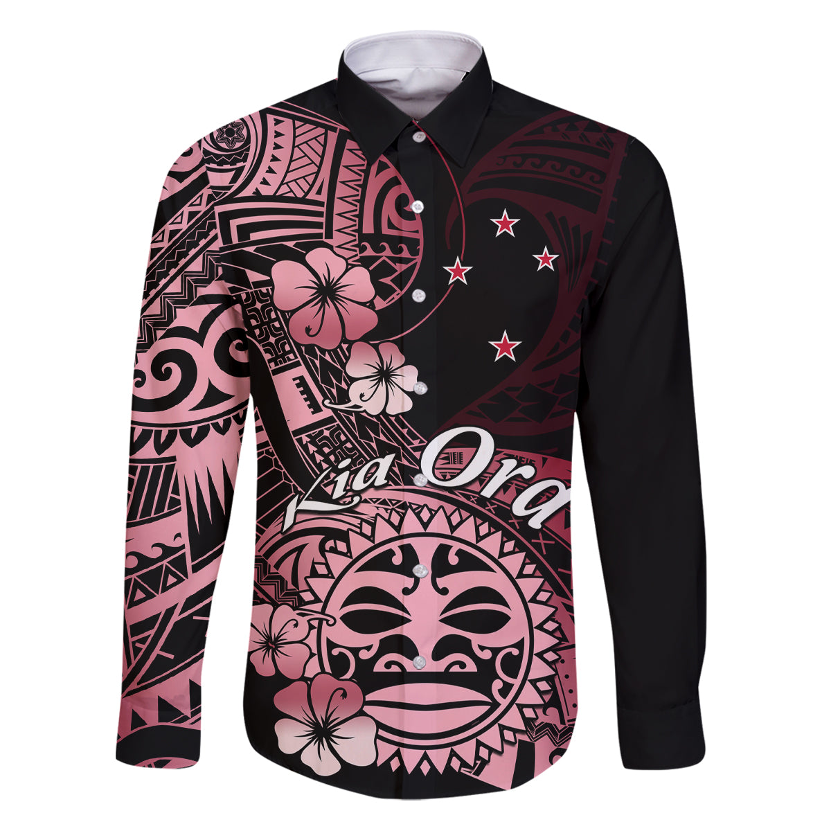 Aotearoa Kia Ora New Zealand Ta Moko Red Version Family Matching Puletasi Dress and Hawaiian Shirt LT01 Dad's Shirt - Long Sleeve Red - Polynesian Pride