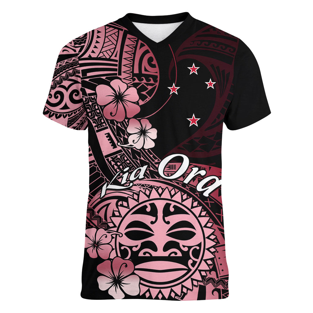 Aotearoa Kia Ora New Zealand Ta Moko Red Version Women V Neck T Shirt LT01 Female Red - Polynesian Pride