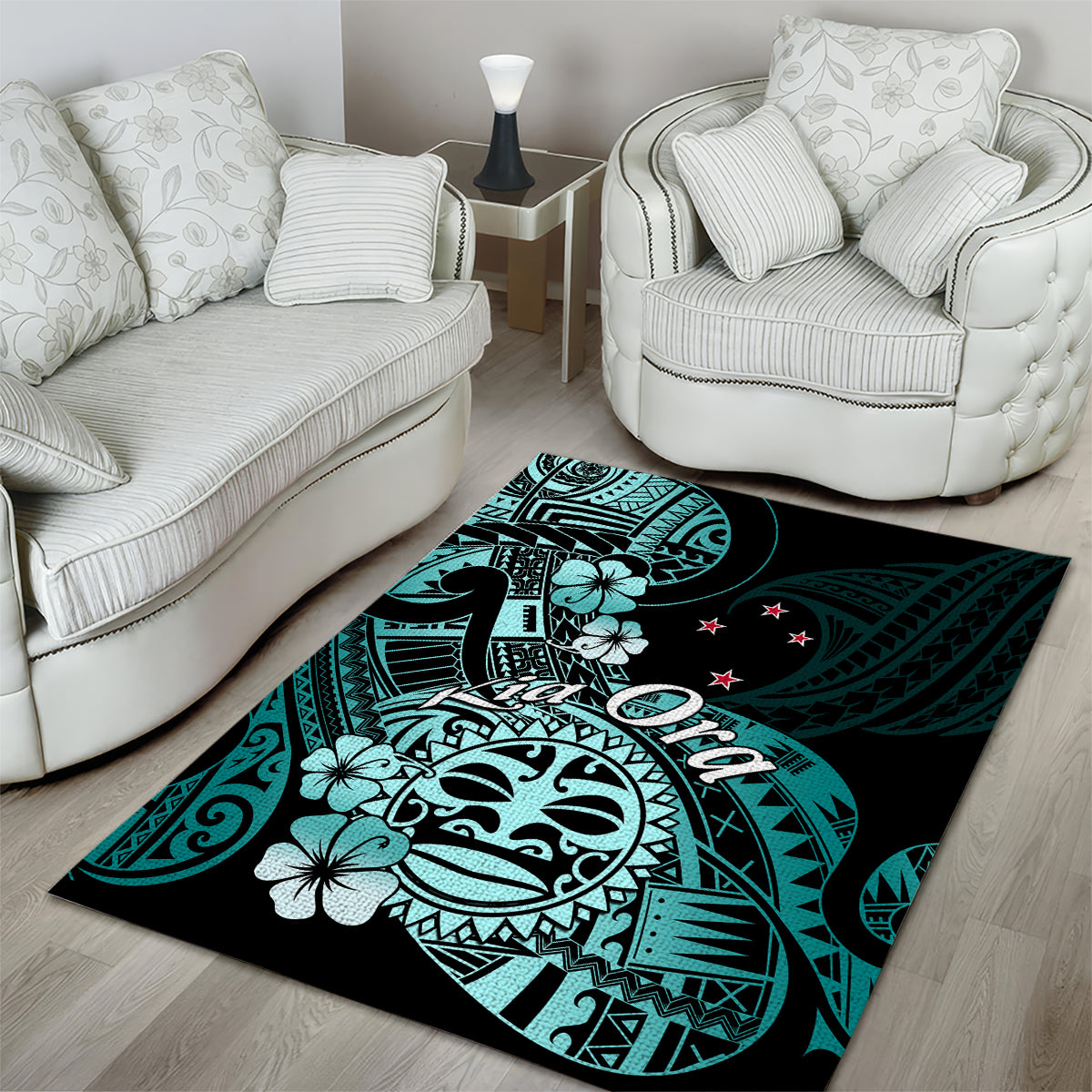 Aotearoa Kia Ora New Zealand Ta Moko Turquoise Version Area Rug LT01 - Polynesian Pride