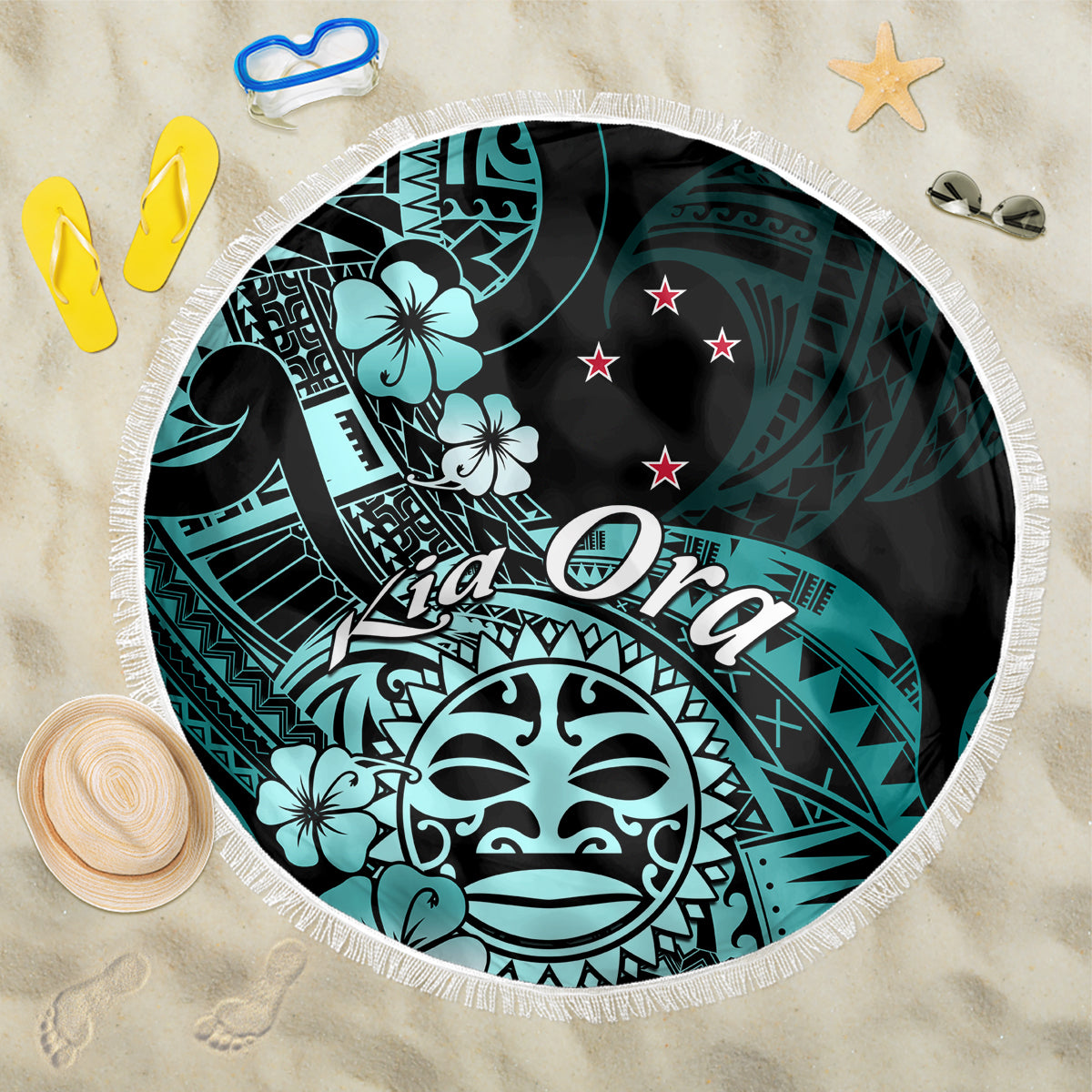 Aotearoa Kia Ora New Zealand Ta Moko Turquoise Version Beach Blanket LT01 One Size 150cm Turquoise - Polynesian Pride