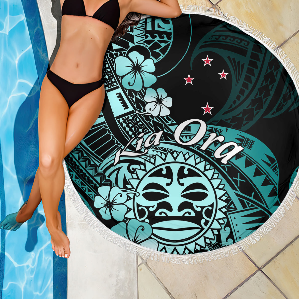 Aotearoa Kia Ora New Zealand Ta Moko Turquoise Version Beach Blanket LT01 - Polynesian Pride