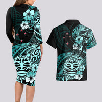 Aotearoa Kia Ora New Zealand Ta Moko Turquoise Version Couples Matching Long Sleeve Bodycon Dress and Hawaiian Shirt LT01 - Polynesian Pride