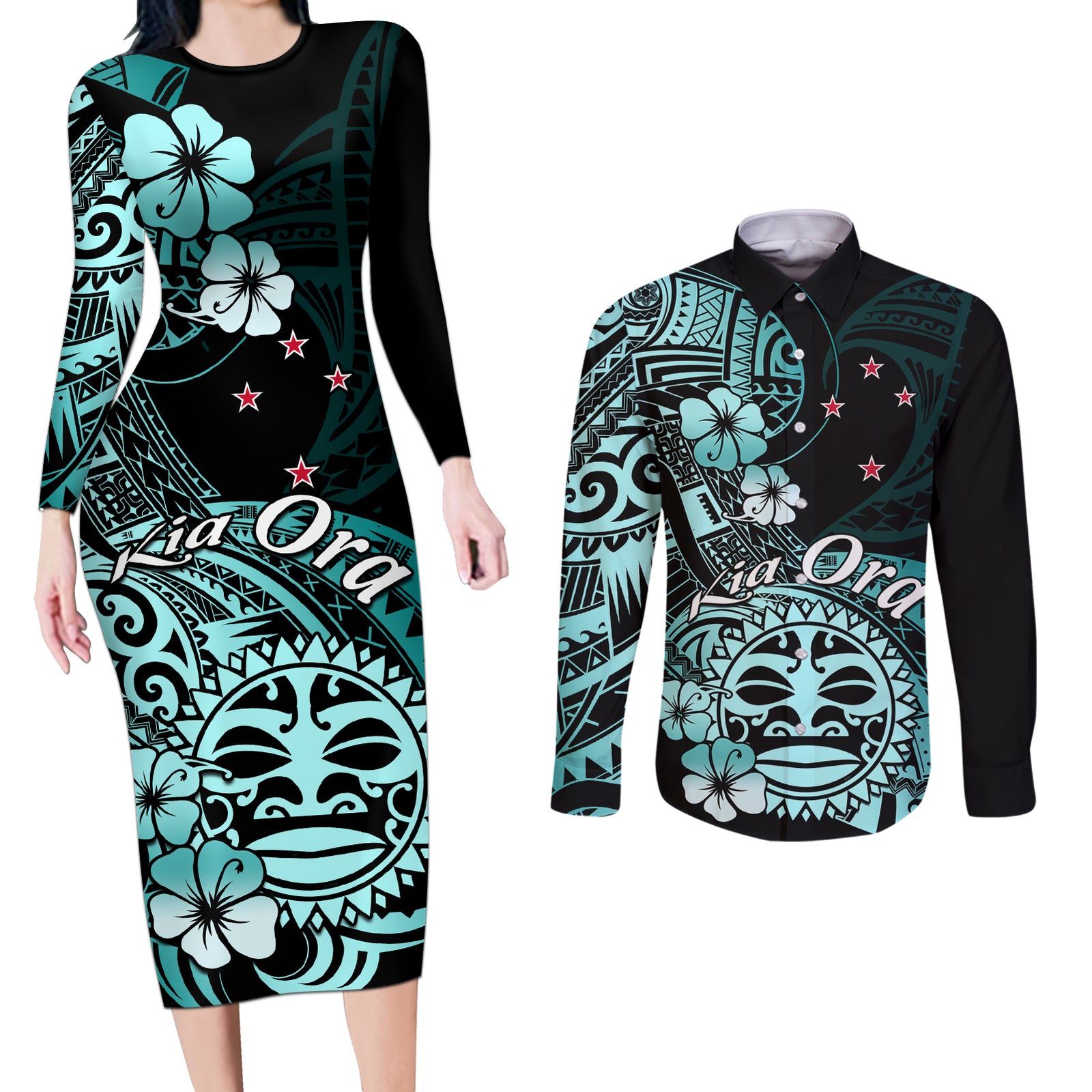 Aotearoa Kia Ora New Zealand Ta Moko Turquoise Version Couples Matching Long Sleeve Bodycon Dress and Long Sleeve Button Shirt LT01 Turquoise - Polynesian Pride