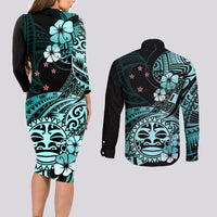 Aotearoa Kia Ora New Zealand Ta Moko Turquoise Version Couples Matching Long Sleeve Bodycon Dress and Long Sleeve Button Shirt LT01 - Polynesian Pride