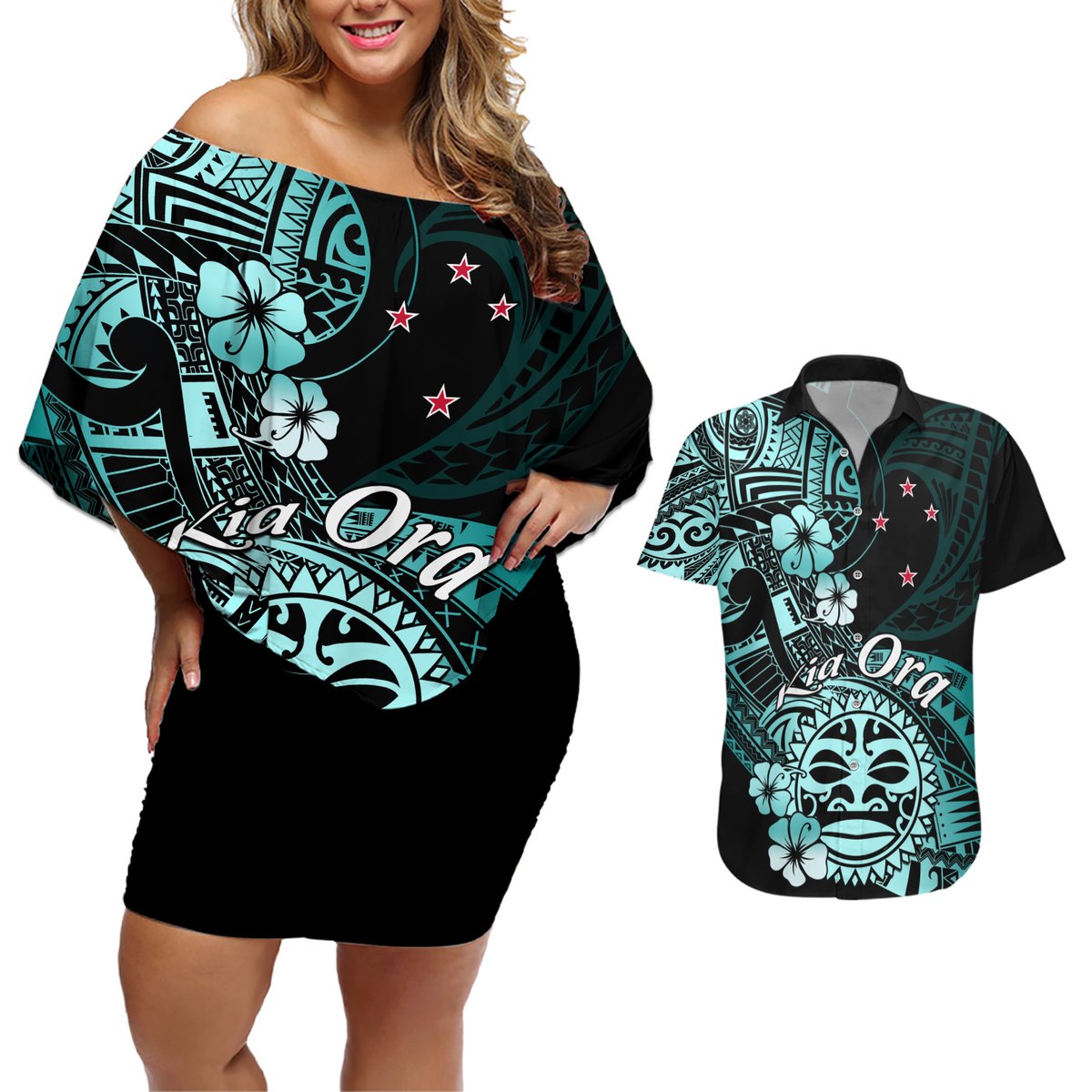 Aotearoa Kia Ora New Zealand Ta Moko Turquoise Version Couples Matching Off Shoulder Short Dress and Hawaiian Shirt LT01 Turquoise - Polynesian Pride