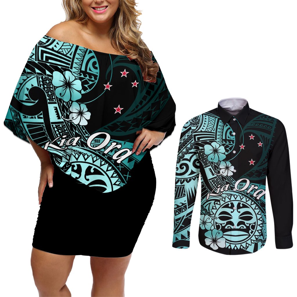 Aotearoa Kia Ora New Zealand Ta Moko Turquoise Version Couples Matching Off Shoulder Short Dress and Long Sleeve Button Shirt LT01 Turquoise - Polynesian Pride