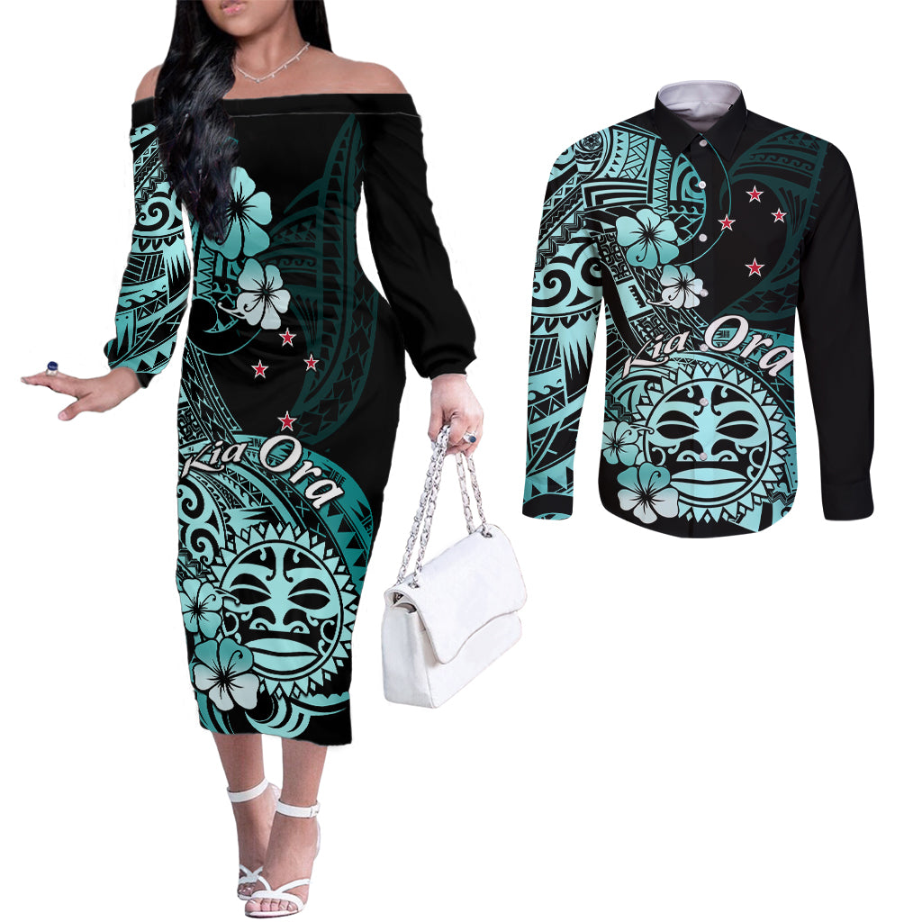 Aotearoa Kia Ora New Zealand Ta Moko Turquoise Version Couples Matching Off The Shoulder Long Sleeve Dress and Long Sleeve Button Shirt LT01 Turquoise - Polynesian Pride