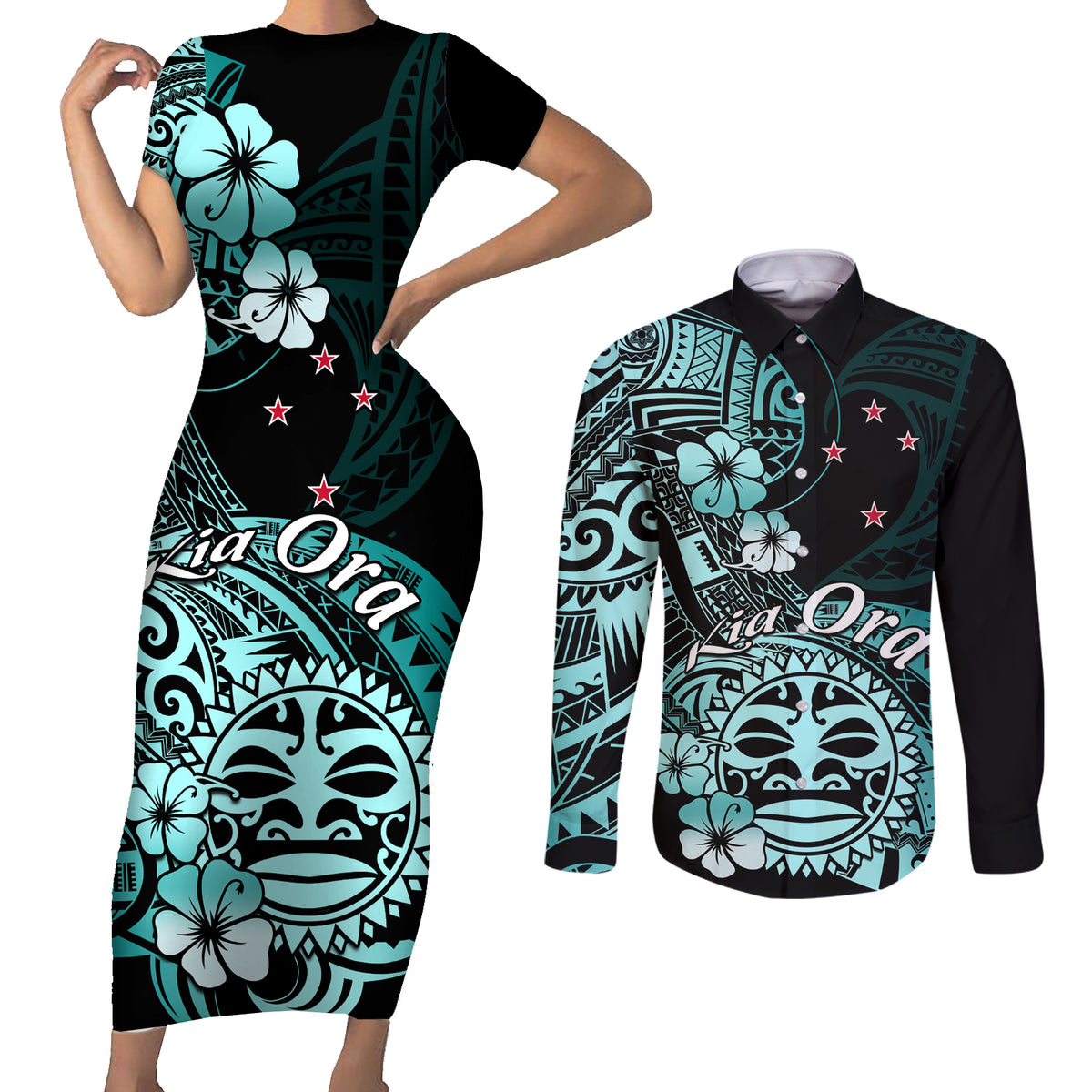 Aotearoa Kia Ora New Zealand Ta Moko Turquoise Version Couples Matching Short Sleeve Bodycon Dress and Long Sleeve Button Shirt LT01 Turquoise - Polynesian Pride