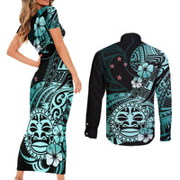 Aotearoa Kia Ora New Zealand Ta Moko Turquoise Version Couples Matching Short Sleeve Bodycon Dress and Long Sleeve Button Shirt LT01 - Polynesian Pride