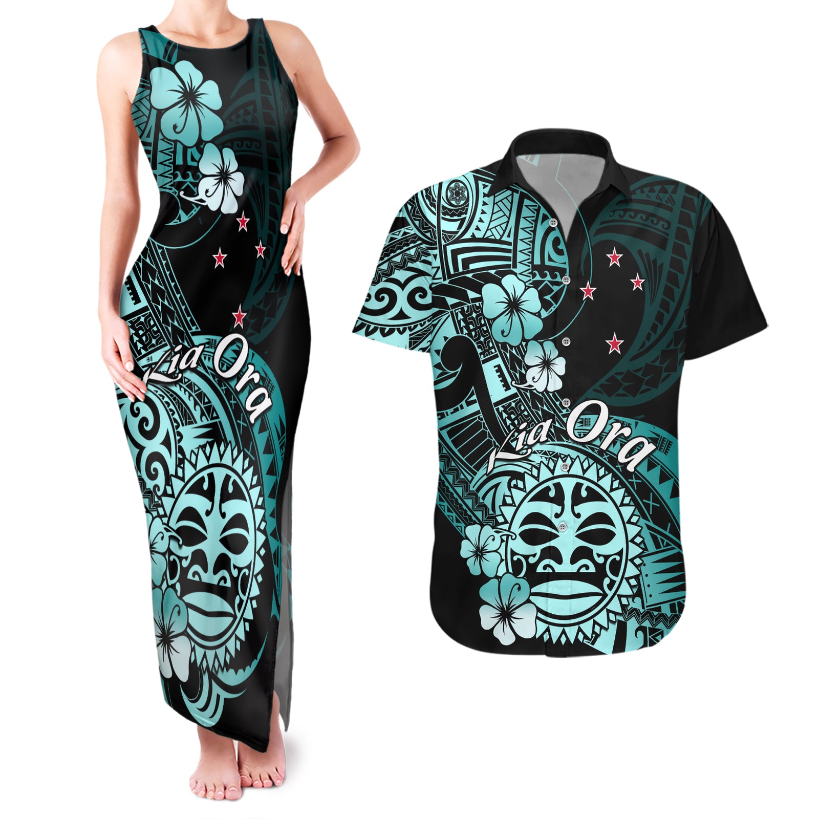 Aotearoa Kia Ora New Zealand Ta Moko Turquoise Version Couples Matching Tank Maxi Dress and Hawaiian Shirt LT01 Turquoise - Polynesian Pride
