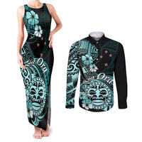 Aotearoa Kia Ora New Zealand Ta Moko Turquoise Version Couples Matching Tank Maxi Dress and Long Sleeve Button Shirt LT01 Turquoise - Polynesian Pride
