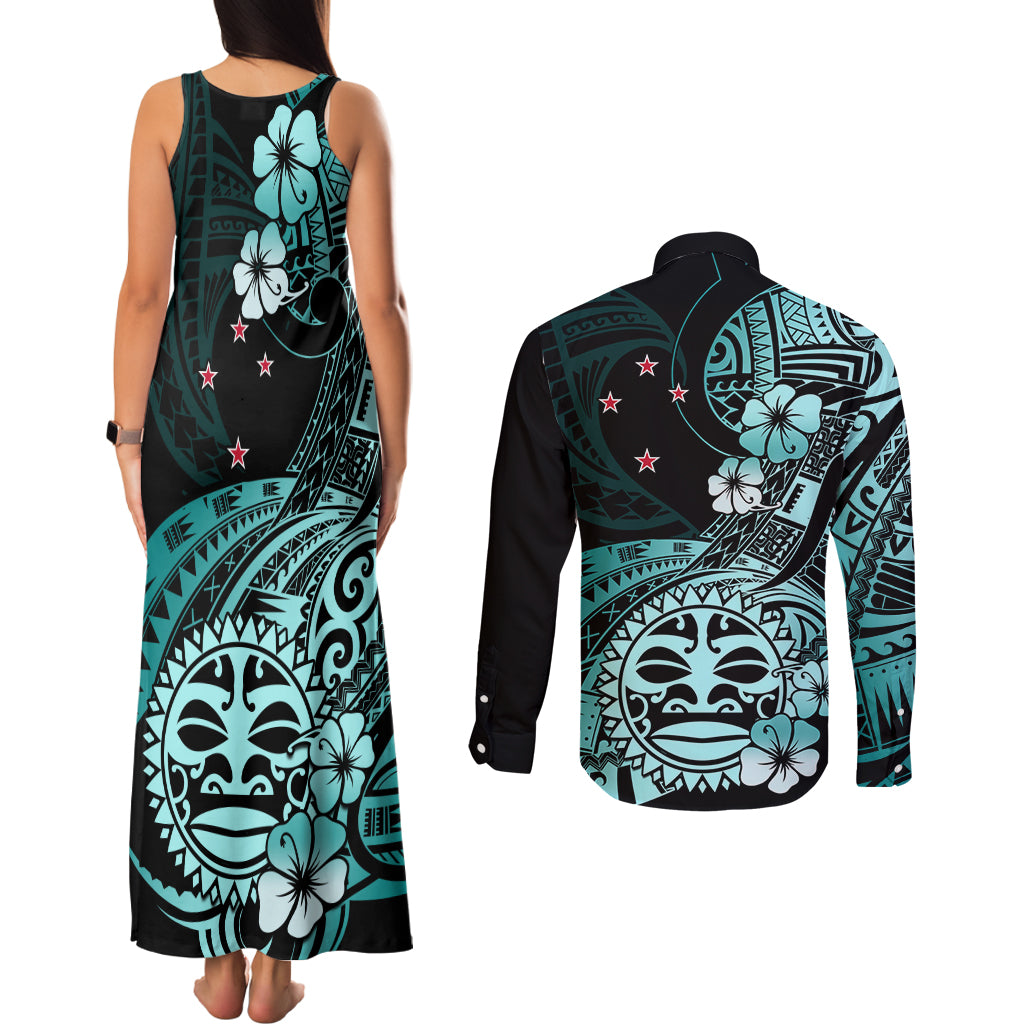 Aotearoa Kia Ora New Zealand Ta Moko Turquoise Version Couples Matching Tank Maxi Dress and Long Sleeve Button Shirt LT01 - Polynesian Pride