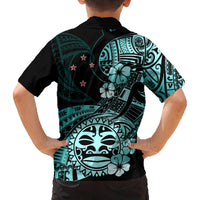 Aotearoa Kia Ora New Zealand Ta Moko Turquoise Version Family Matching Off Shoulder Short Dress and Hawaiian Shirt LT01 - Polynesian Pride