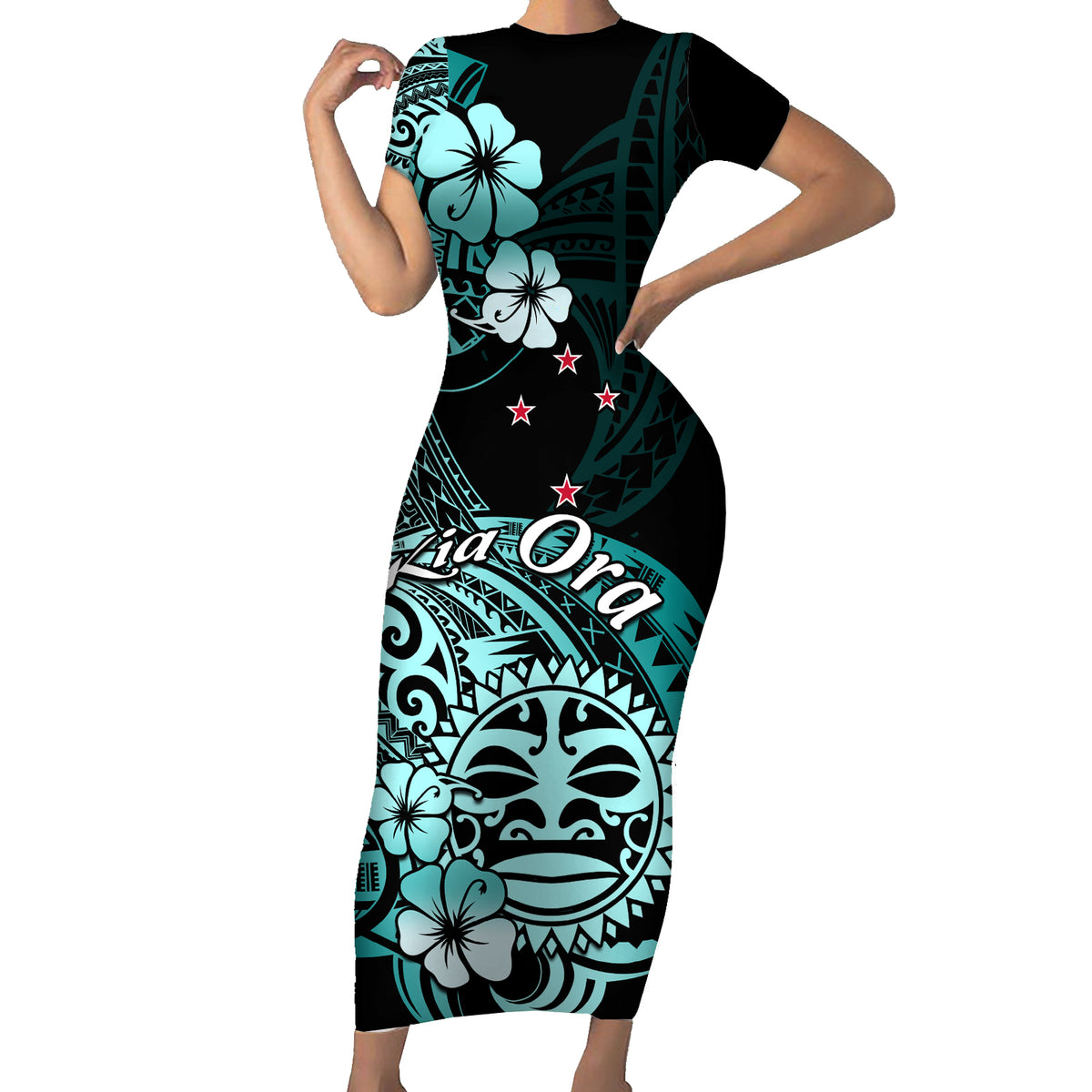 Aotearoa Kia Ora New Zealand Ta Moko Turquoise Version Family Matching Short Sleeve Bodycon Dress and Hawaiian Shirt LT01 Mom's Dress Turquoise - Polynesian Pride