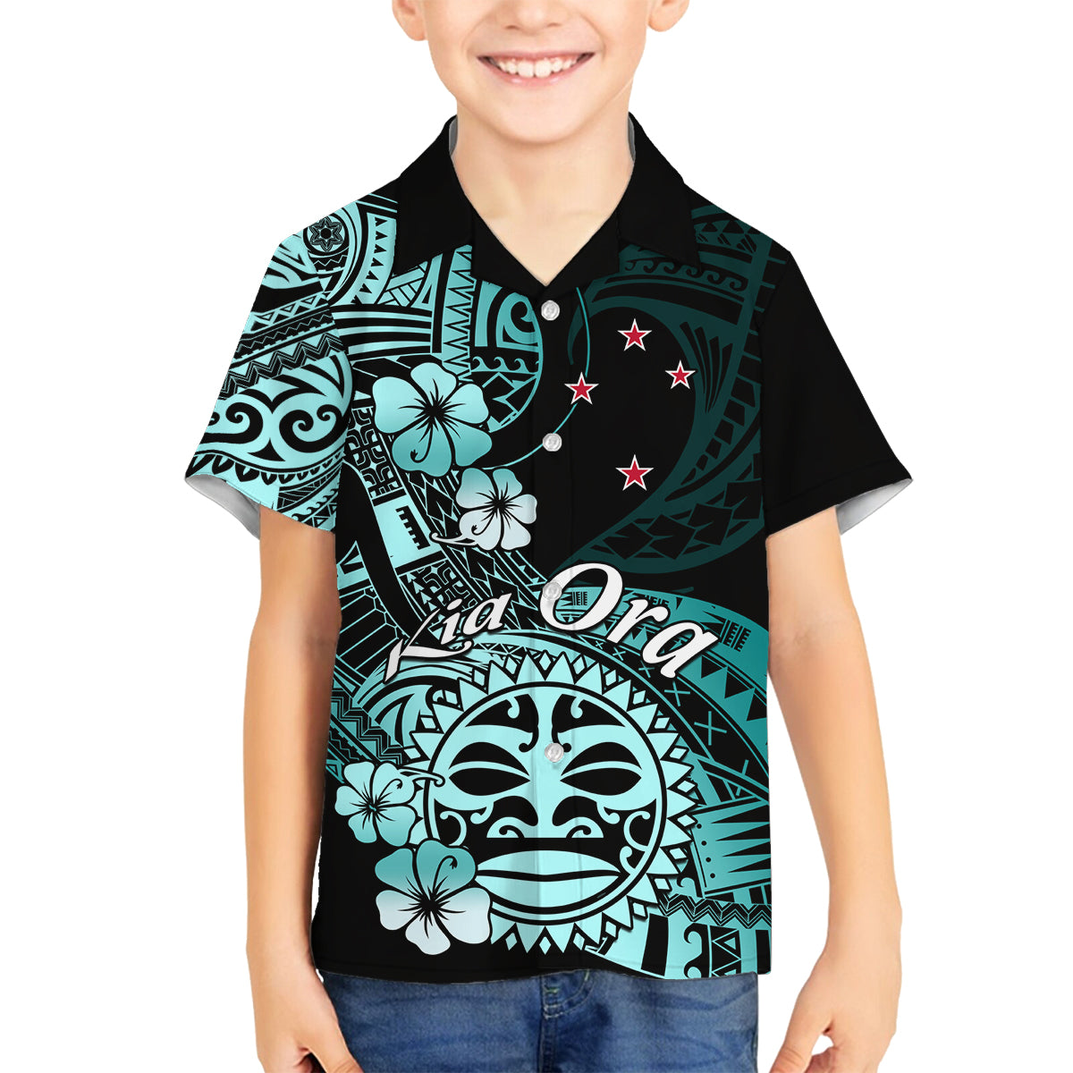Aotearoa Kia Ora New Zealand Ta Moko Turquoise Version Family Matching Summer Maxi Dress and Hawaiian Shirt LT01 Son's Shirt Turquoise - Polynesian Pride