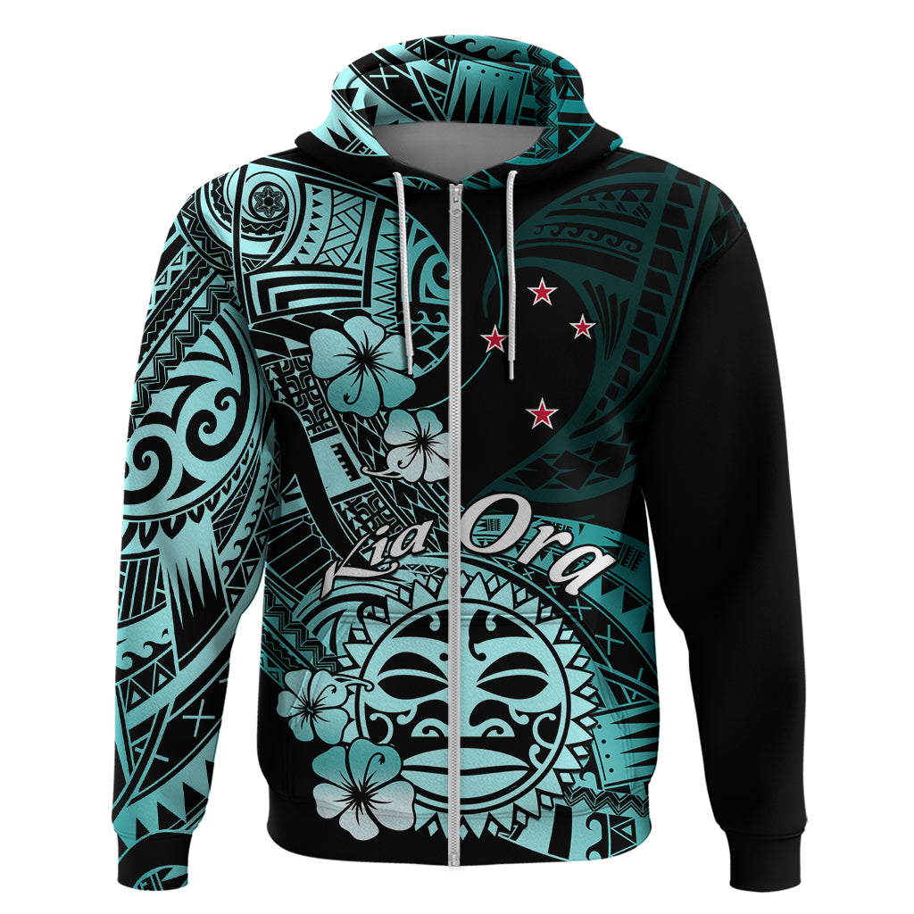 Aotearoa Kia Ora New Zealand Ta Moko Turquoise Version Hoodie LT01 Zip Hoodie Turquoise - Polynesian Pride