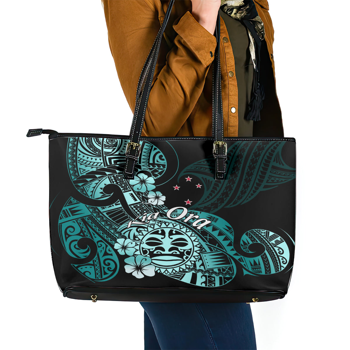 Aotearoa Kia Ora New Zealand Ta Moko Turquoise Version Leather Tote Bag LT01 - Polynesian Pride