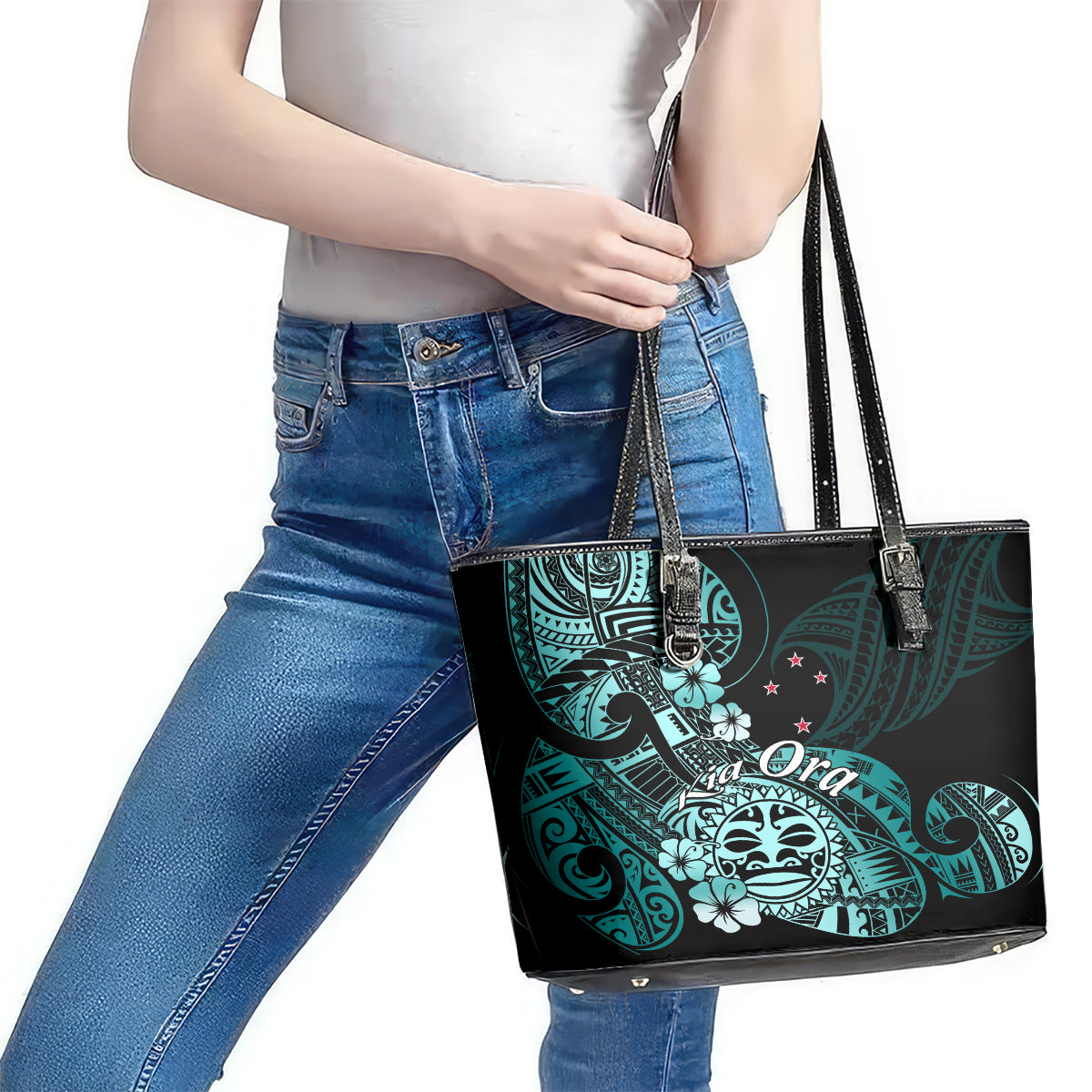 Aotearoa Kia Ora New Zealand Ta Moko Turquoise Version Leather Tote Bag LT01 - Polynesian Pride