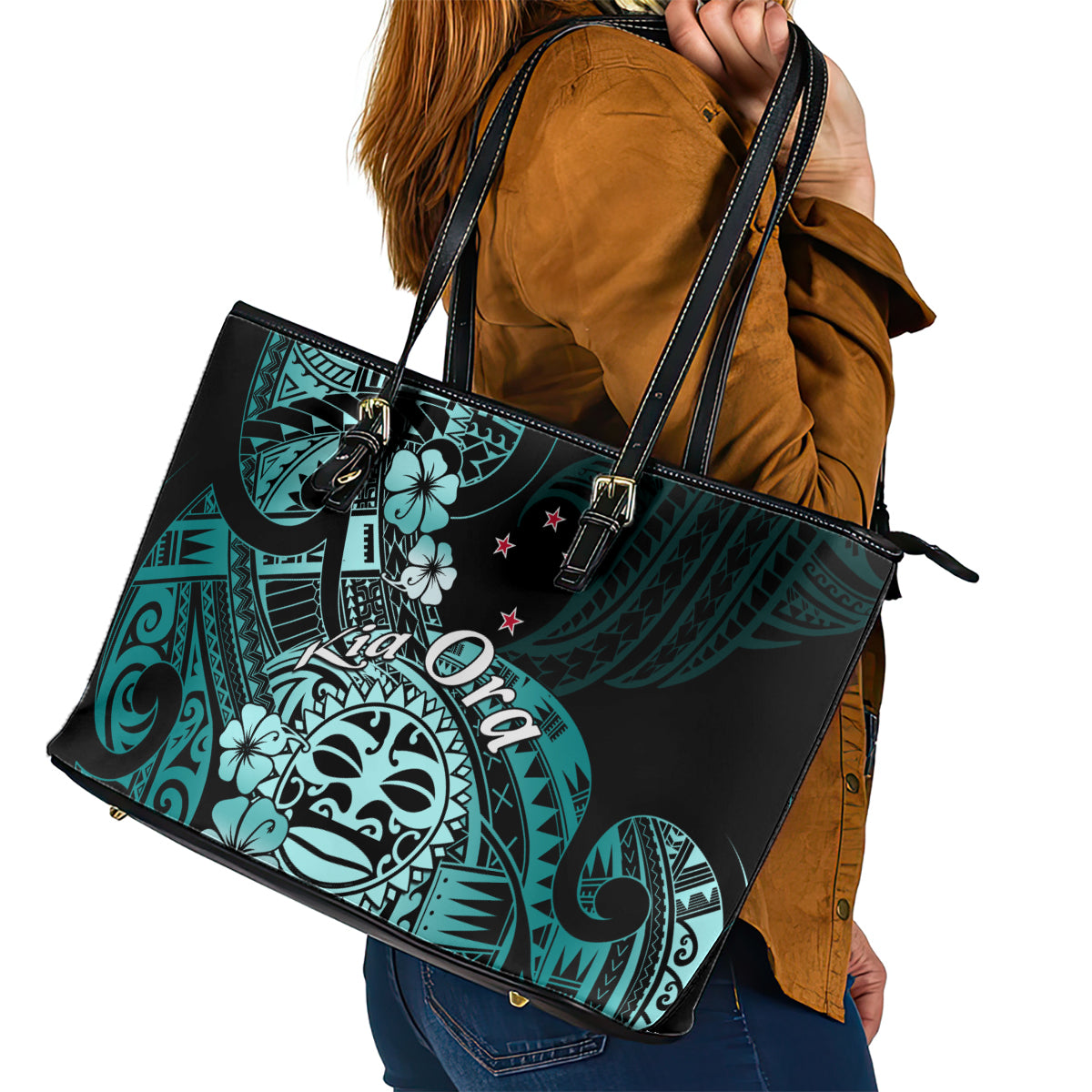 Aotearoa Kia Ora New Zealand Ta Moko Turquoise Version Leather Tote Bag LT01 - Polynesian Pride