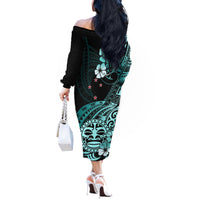 Aotearoa Kia Ora New Zealand Ta Moko Turquoise Version Off The Shoulder Long Sleeve Dress LT01 - Polynesian Pride